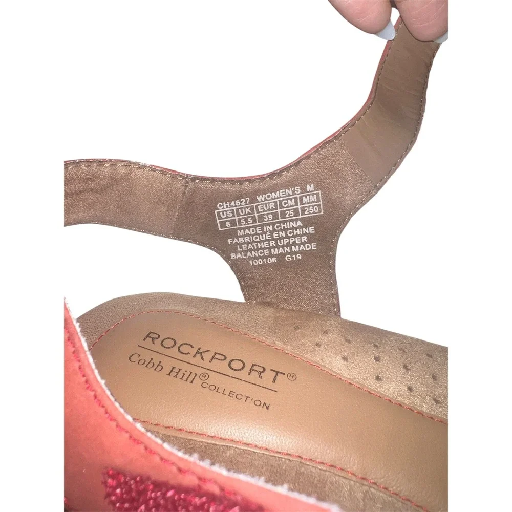 Rockport Cobb Hill Red Leather Perforated Wedge Relaxed Casual Sandals